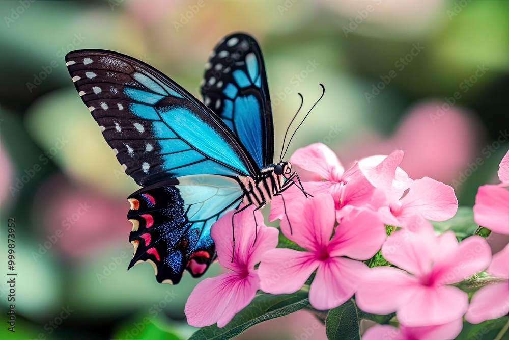 Fototapeta premium Pink and blue color of beautiful butterfly, sitting on pink flower.generative ai