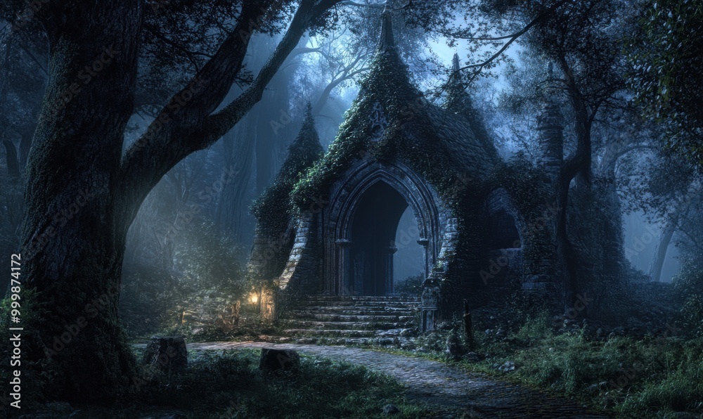 Fototapeta premium Mystical Gothic Stone Chapel in Enchanted Forest