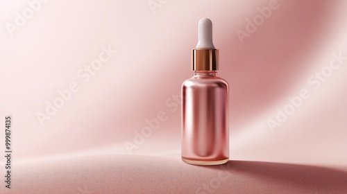 Frosted pink serum bottle with a metallic gold dropper, emphasizing its luxurious design. No logo. No people. Focus point.