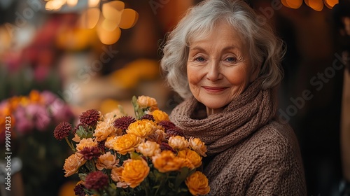 beautiful senior birthday woman receiving flowers from grandson