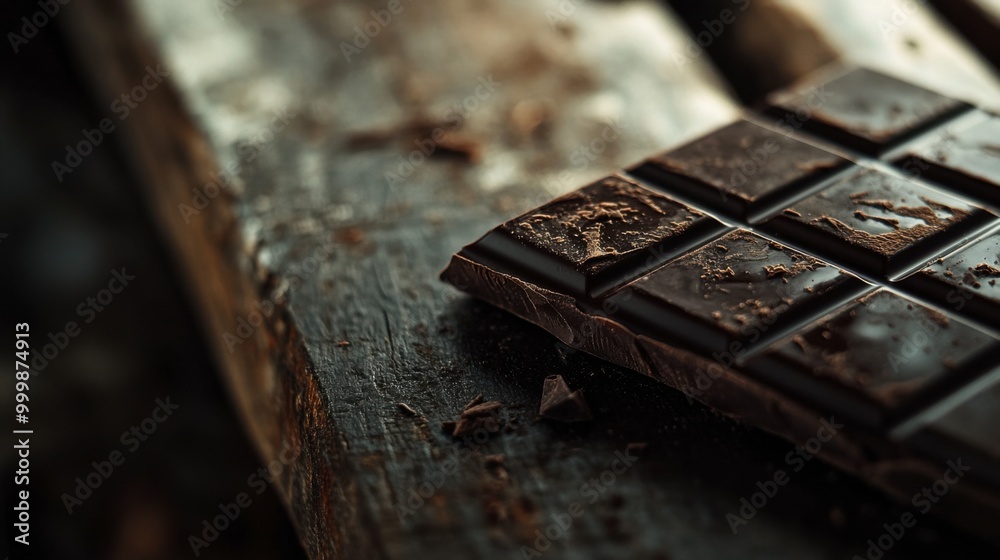 Obraz premium A close-up of a chocolate bar resting on a rustic wooden surface, showcasing texture and a rich, dark appearance.