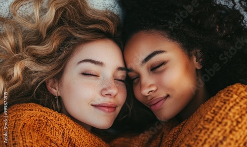 Close-up of Diverse Smiling Women in Cozy Sweaters