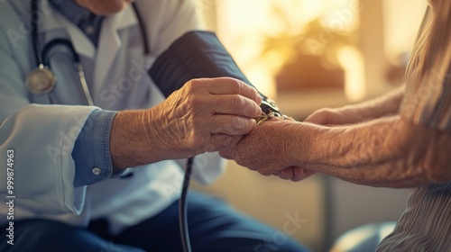 A doctor measures the blood pressure of an elderly patient, highlighting the importance of healthcare and patient care in a warm, inviting environment. photo