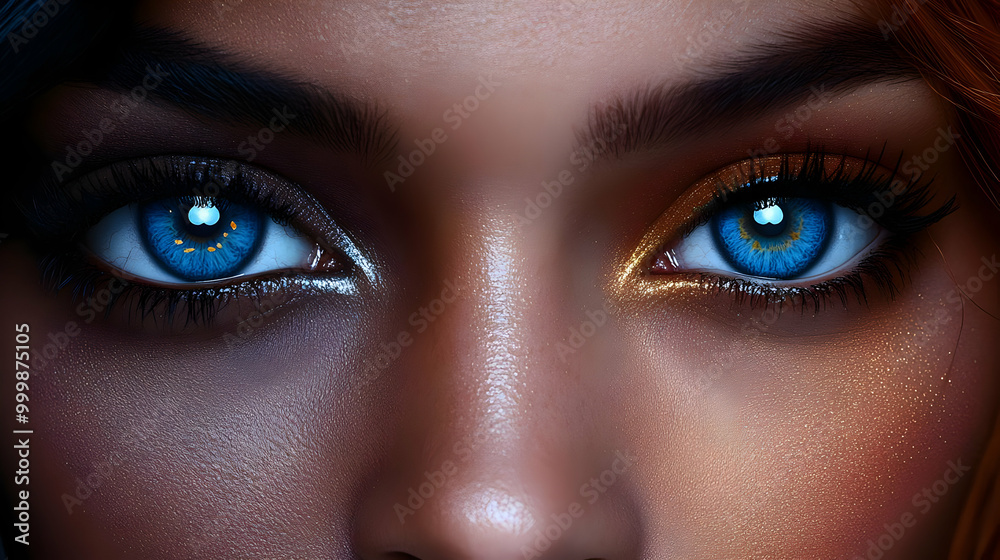 Fototapeta premium Sparkling Blue Eyes with Shimmering Gold Makeup