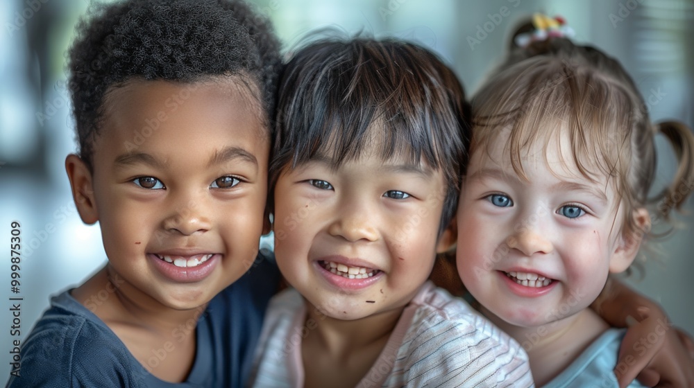 Three happy children of varied ethnicities, smiling together Three happy children of varied ethnicities, smiling together