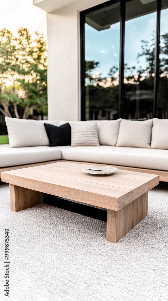 Fototapeta premium Modern outdoor seating area with a light wooden coffee table and plush cushions at sunset