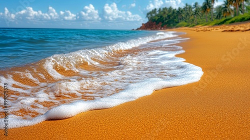 Soft white foam waves gently cresting upon golden sand, bathed in the warm glow of a summer day. photo