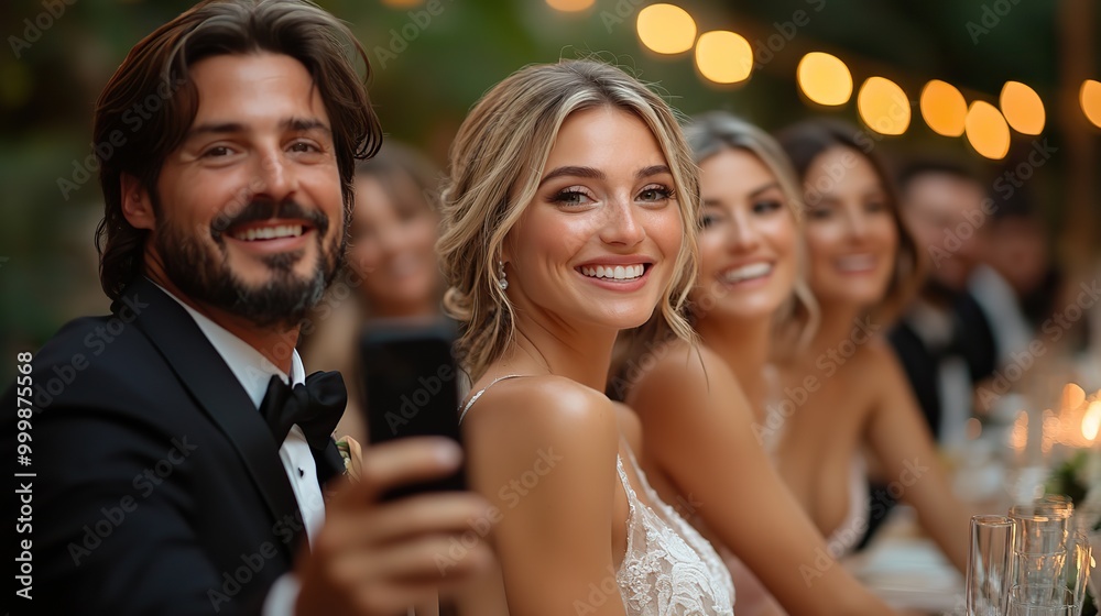 Obraz premium bride groom and guests with smartphones taking selfie outside at wedding reception