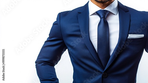 A male model in a suit standing with hands on hips showing confidence and readiness isolated on a white background Large space for text in center Stock Photo with copy space