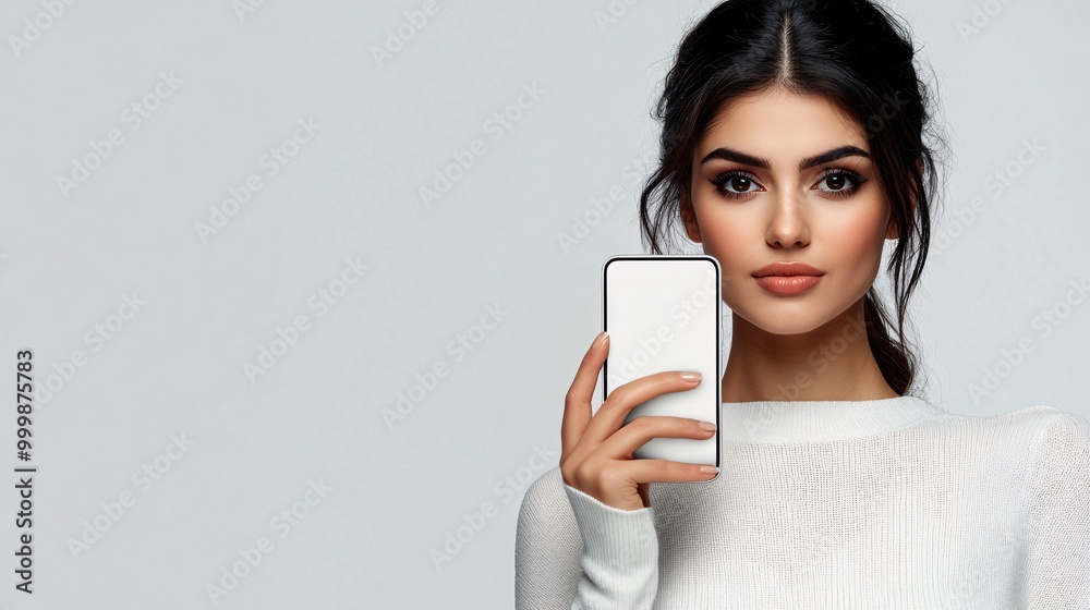 A businesswoman holding a smartphone with a focused look suggesting communication and digital engagement isolated on a white background Large space for text in center Stock Photo with copy space A businesswoman holding a smartphone with a focused look suggesting communication and digital engagement isolated on a white background Large space for text in center Stock Photo with copy space