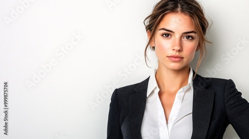 A female professional in business attire standing with hands on hips and a strong stance reflecting assertiveness isolated on a white background Large space for text in center Stock Photo with copy