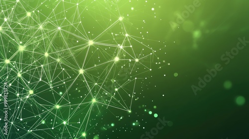 Abstract Green Background with Network of White Lines and Glowing Points