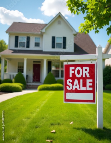 For sale sign in front of a charming suburban home Real Estate home listing buying or selling home