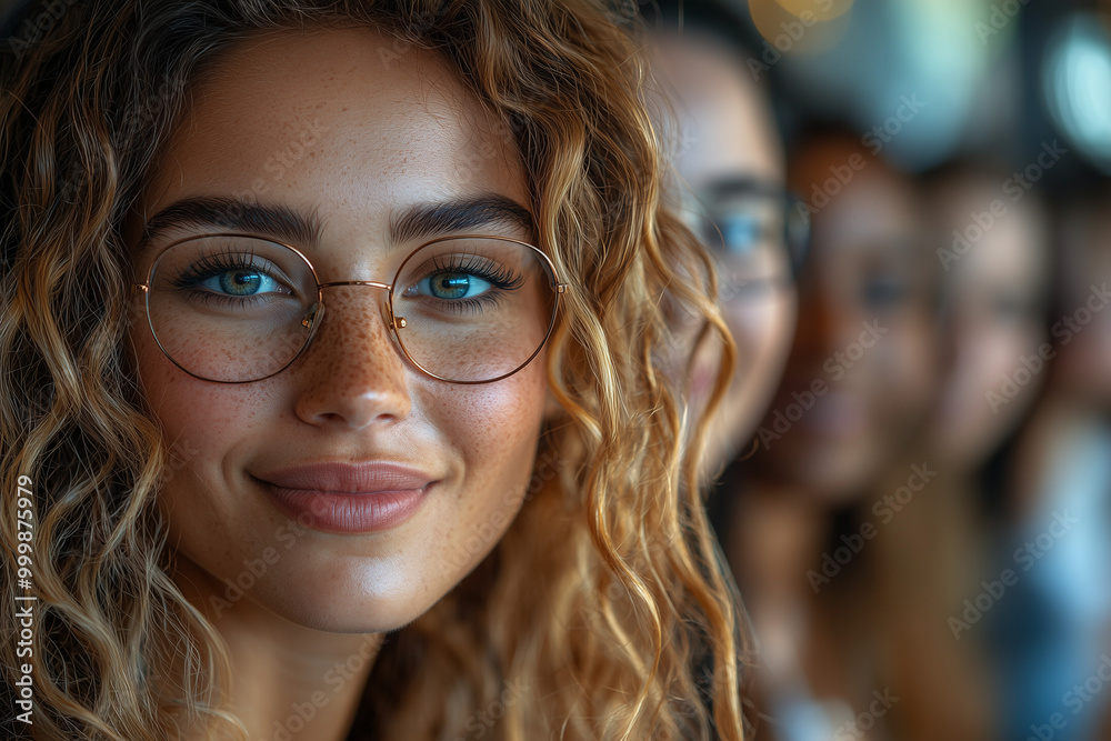 Beautiful Woman with Curly Hair and Glasses Smiling Beautiful Woman with Curly Hair and Glasses Smiling