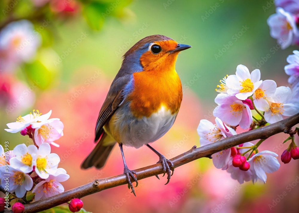 Beautiful robin perched on a branch surrounded by vibrant spring blossoms in a serene garden setting Beautiful robin perched on a branch surrounded by vibrant spring blossoms in a serene garden setting