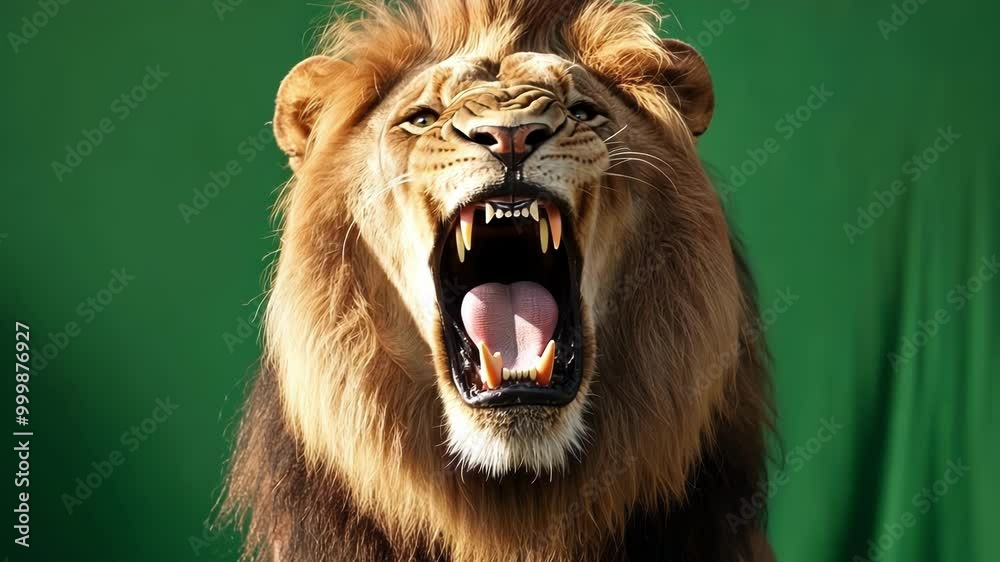 Roaring lion with a powerful expression on a green screen backdrop, embodying strength and dominance. Perfect for wild themed projects
