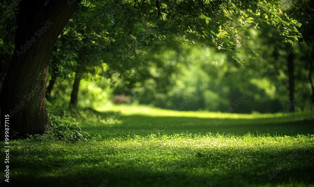 Fototapeta premium Tranquil Sunlit Pathway in Lush Green Forest
