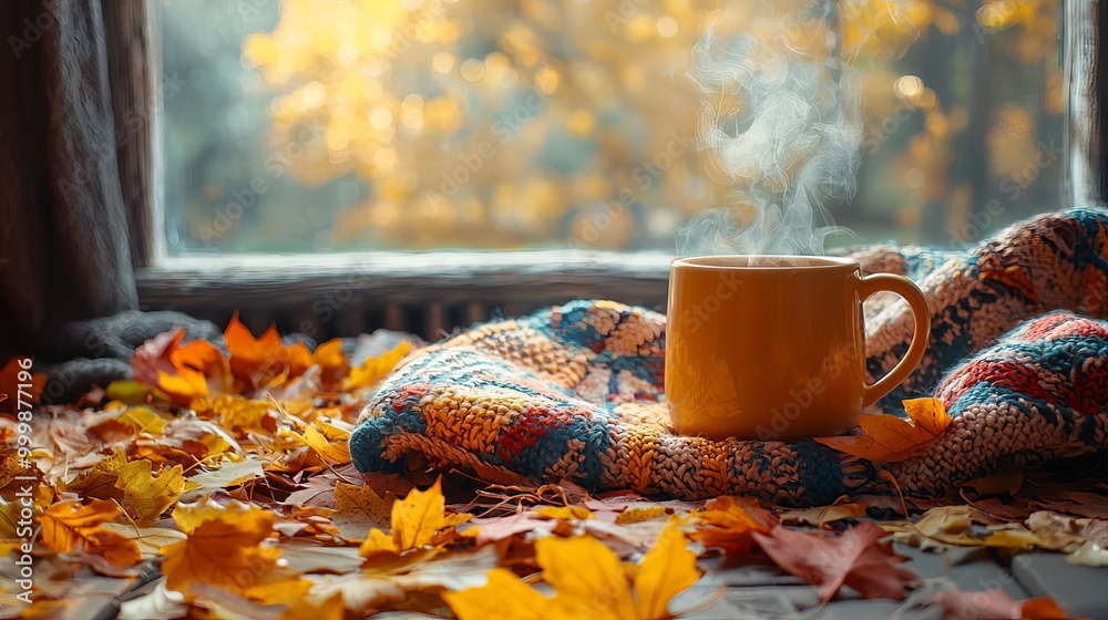 A cozy autumn corner with a patterned blanket, a steaming hot drink, and a pile of golden leaves, ideal for seasonal text space