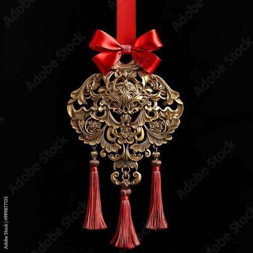 An intricate decorative piece shaped like a lucky charm, made of gold and adorned with red ribbons, symbolizing good fortune during the New Year