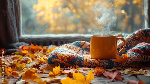 A cozy autumn corner with a patterned blanket, a steaming hot drink, and a pile of golden leaves, ideal for seasonal text space