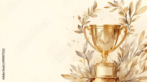 3D golden trophy with laurel wreaths floating in the air representing success and achievement in business and life isolated on a soft gradient background Large space for text in center Stock Photo