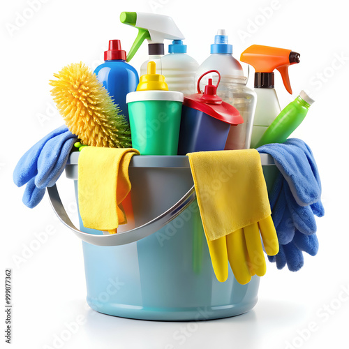 bucket with cleaning supplies collection isolated white background