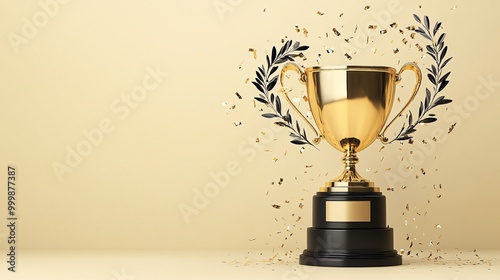 3D golden trophy with laurel wreaths floating in the air representing success and achievement in business and life isolated on a soft gradient background Large space for text in center Stock Photo