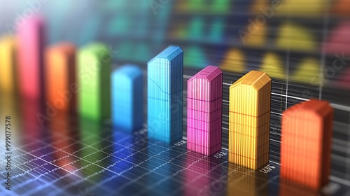 Dynamic 3D graph bars in bright colors climbing sharply to the top symbolizing rapid business growth and success Large space for text in center Stock Photo with copy space