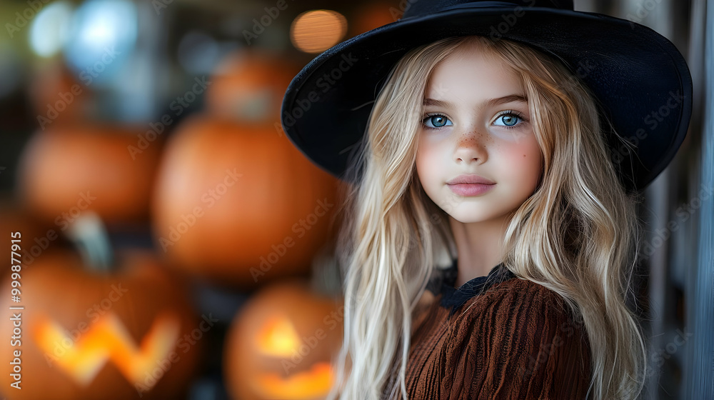 Little Witch with Pumpkins for Halloween Little Witch with Pumpkins for Halloween