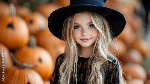 Cute Little Witch With Blonde Hair Smiles for the Camera in Front of Pumpkins