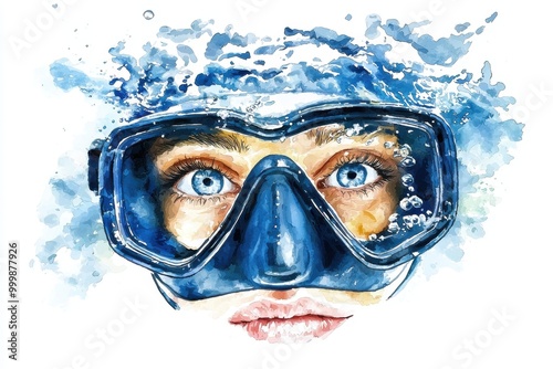 A captivating underwater portrait showcasing a diver with blue eyes and a snorkel mask, surrounded by rippling water.