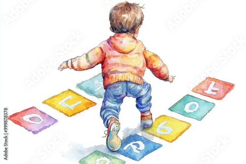 A joyful child plays hopscotch, capturing the essence of childhood fun and outdoor play in vibrant colors. photo