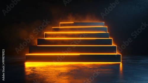 Dynamic 3D concept of golden stairs ascending from a base platform towards a glowing peak symbolizing the journey to success Large space for text in center Stock Photo with copy space