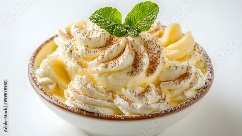 delicious sweet banana dessert with cottage cheese and butter cream and whipped cream. Aesthetic dessert. Beautiful presentation of the dish. AI generation.