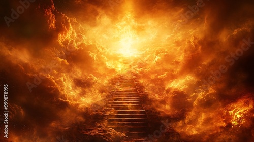 Dynamic 3D concept of golden stairs ascending from a base platform towards a glowing peak symbolizing the journey to success Large space for text in center Stock Photo with copy space