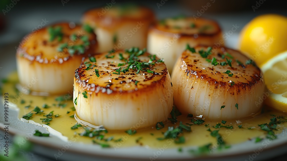 close up of pan seared diver scallops with lemon beurre blanc created with generative ai technology