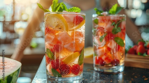 Ice cold homemade lemonade or cocktail with mint, watermelon and fruit, a recipe for a refreshing summer drink. Two glasses with fruit drink on sunny table, detox diet and weight loss concept,