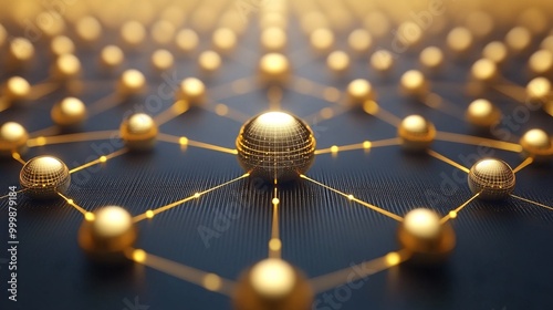 Abstract 3D network of golden spheres and connecting lines representing successful teamwork and innovation Large space for text in center Stock Photo with copy space