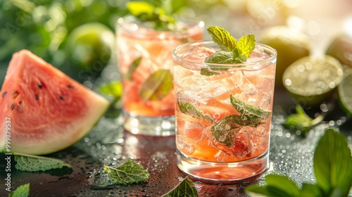 Ice cold homemade lemonade or cocktail with mint, watermelon and fruit, a recipe for a refreshing summer drink. Two glasses with fruit drink on sunny table, detox diet and weight loss concept,