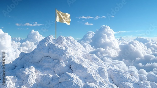 Abstract 3D mountain peak with a golden flag planted on the summit representing reaching the ultimate goal of success Large space for text in center Stock Photo with copy space