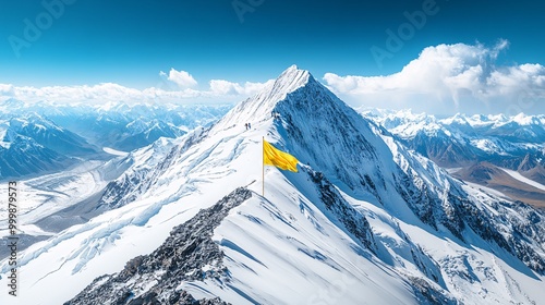 Abstract 3D mountain peak with a golden flag planted on the summit representing reaching the ultimate goal of success Large space for text in center Stock Photo with copy space