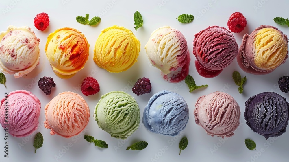 Ice cream scoop ball with fruits toppings on white background cutout. Many assorted different flavour Mockup template for artwork design Ice cream scoop ball with fruits toppings on white background cutout. Many assorted different flavour Mockup template for artwork design