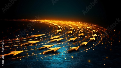 Abstract 3D wave of golden arrows flowing upward and forward symbolizing momentum and progress in life and business Large space for text in center Stock Photo with copy space