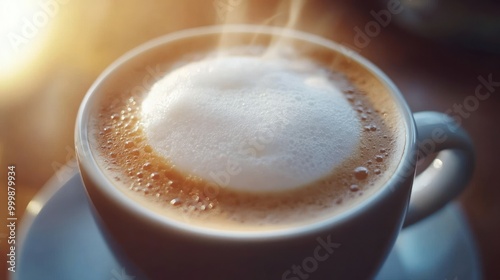 A close-up of a steaming cup of coffee, showing the rich, frothy foam on top and a warm glow of sunlight