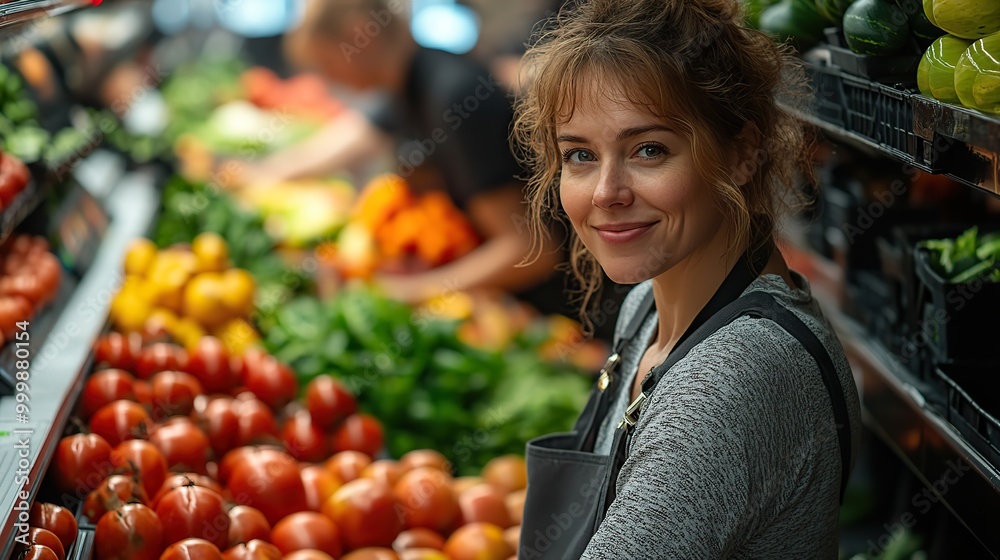 confident senior shop assistant in supermarket in vegetable shell in bakcground is her colleague filling stock confident senior shop assistant in supermarket in vegetable shell in bakcground is her colleague filling stock