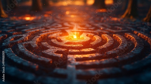 Abstract 3D labyrinth design with a golden path leading to the center symbolizing overcoming challenges and achieving success Large space for text in center Stock Photo with copy space