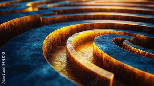 Abstract 3D labyrinth design with a golden path leading to the center symbolizing overcoming challenges and achieving success Large space for text in center Stock Photo with copy space