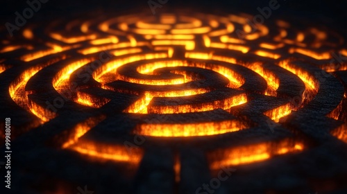 Abstract 3D labyrinth design with a golden path leading to the center symbolizing overcoming challenges and achieving success Large space for text in center Stock Photo with copy space