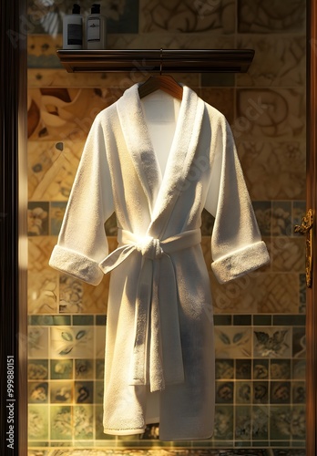 46. A luxurious robe hanging in a spa-like bathroom