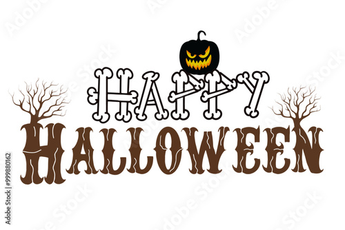 happy halloween vector text with bones and pumpkin 